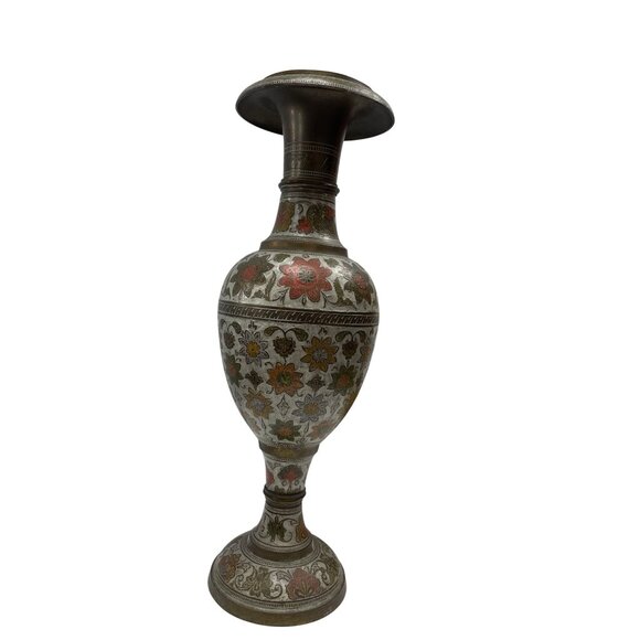 Handcrafted VTG India MeenaKari Floral Enamel Brass Vase 18.5" Tall SKU 9375 - Picture 3 of 13